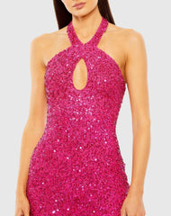 Pink Cross Front Keyhole Top Beaded Fringe Mini Dress