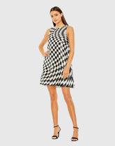 Black and White Sleeveless A-Line Sequin Checkered Mini Dress