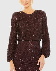 Red High Neck Long Sleeve Beaded Blouson Gown