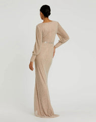 Beige Wrap Over Bishop Sleeve Gown With Pearl Beading