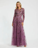 Purple Long Sleeve High Neck Beaded Gown