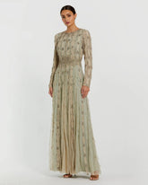 Green Embellished Mesh Long Sleeve A Line Gown