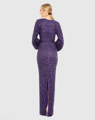 Purple Sequined Puff Sleeve V Neck Gown
