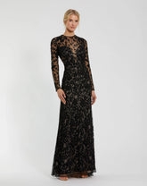 Black Long Sleeve Floral Embellished Gown