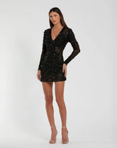 Black Long Sleeve Sheer Embellished Mini Dress