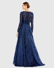 Navy Embellished Illusion Long Sleeve A Line Gown