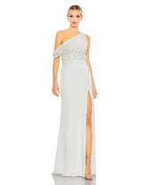White Embellished Drop Shoulder Column Gown