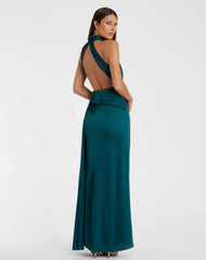 Blue Open Back High Neck Side Ruched Gown