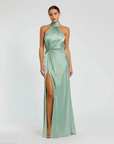 Green Open Back High Neck Side Ruched Gown