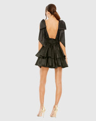 Black Oversized Bow Deep V Ruffle Mini Dress