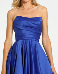 Blue Strapless Ruched High Low Gown