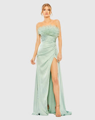 Green Strapless Feather Detail Satin Gown