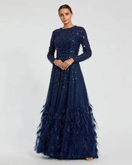 Navy Disc Embellished Sequin Gown with Feather Detail