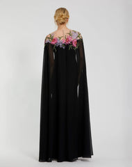 Black Sheer Cape Gown with Beaded Embroidery
