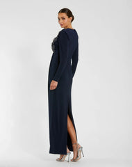 Navy Jersey Long Sleeve Fitted Gown With 3D Flowers