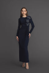 Navy Jersey Long Sleeve Fitted Gown With 3D Flowers