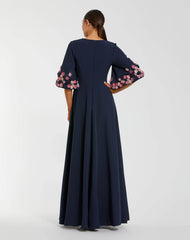 Navy Crepe 3/4 Sleeve A-line Gown With Flower Trim
