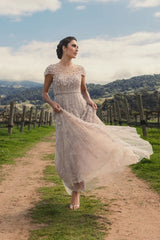 Pink Embellished Lace Illusion Neck A-Line Gown