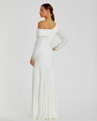 White Beaded Cuff Drop Shoulder Faux Wrap Gown