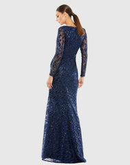 Navy Long Sleeve Ruched Sequined V-Neck Gown