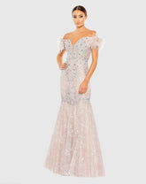 Pink Feathered Crystal Embellished Sleeveless Gown