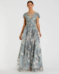 Floral Embroidered Cap Sleeve Evening Gown