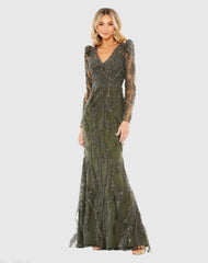 Green Embellished Puff Sleeve V Neck Gown