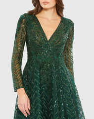 Green Embellished Long Sleeve Wrap Over Dress