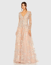 Pink Embroidered Lace Wrap Over Illusion Long Sleeve A Line Gown