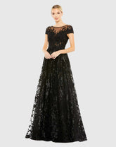 Black Embellished Floral Cap Sleeve A Line Gown