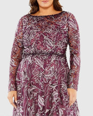 Purple Long Sleeve High Neck Embroidered Gown
