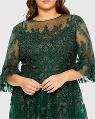 Green High Neck Flutter Sleeve Embroidered A Line Gown (Plus)