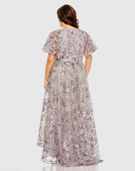 Purple V Neck Flutter Sleeve A Line Embellished Gown (Plus)
