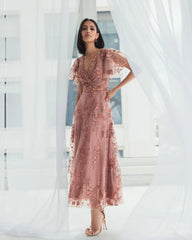 Pink Embroidered Flutter Sleeve A-Line Dress
