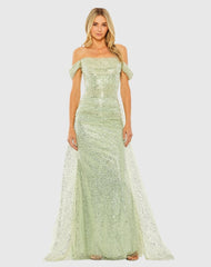 Green Off the Shoulder Sequin Panel Train Gown