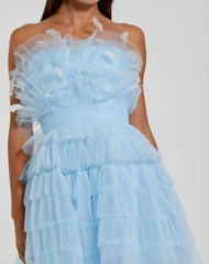 Blue Feathered Strapless Tulle Fit and Flare Dress - FINAL SALE