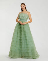 Green Strapless Ruffle Gown with Feathers