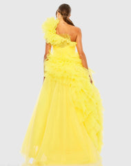 Yellow Tulle Ruffled One Shoulder Gown
