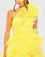 Yellow Tulle Ruffled One Shoulder Gown