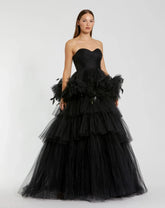 Black Strapless Tulle Gown with Feather Detail