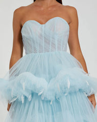 Blue Strapless Tulle Gown with Feather Detail - FINAL SALE