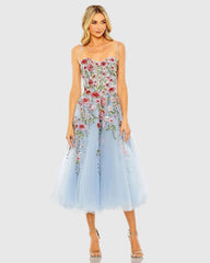 Blue Bustier Embroidered Floral A-Line Dress
