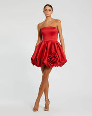 Red Strapless Mini Dress With Rose Ruffle Detail