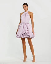 Purple Halter Neck Bubble Hem Satin Mini Dress
