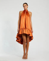 Orange High Neck Satin Mini Dress With Keyhole