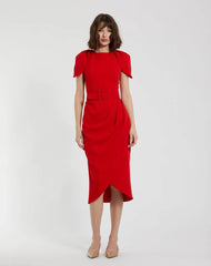 Crepe Boat Neck Midi Tulip Dress With Belt