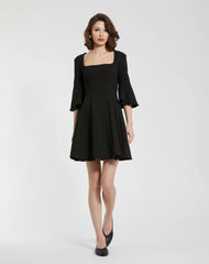 Black Crepe Square Neck 3/4 Sleeve Godet Mini Dress