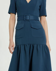 Blue Crepe 3/4 Sleeve Midi Dress With Belt And Pockets