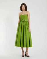 Green Faille Strapless A Line Midi Dress With 3D Rose