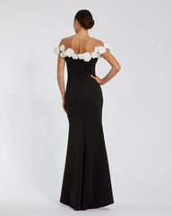 Black and White Stretch Crepe Mermaid Gown With 3D Flowers